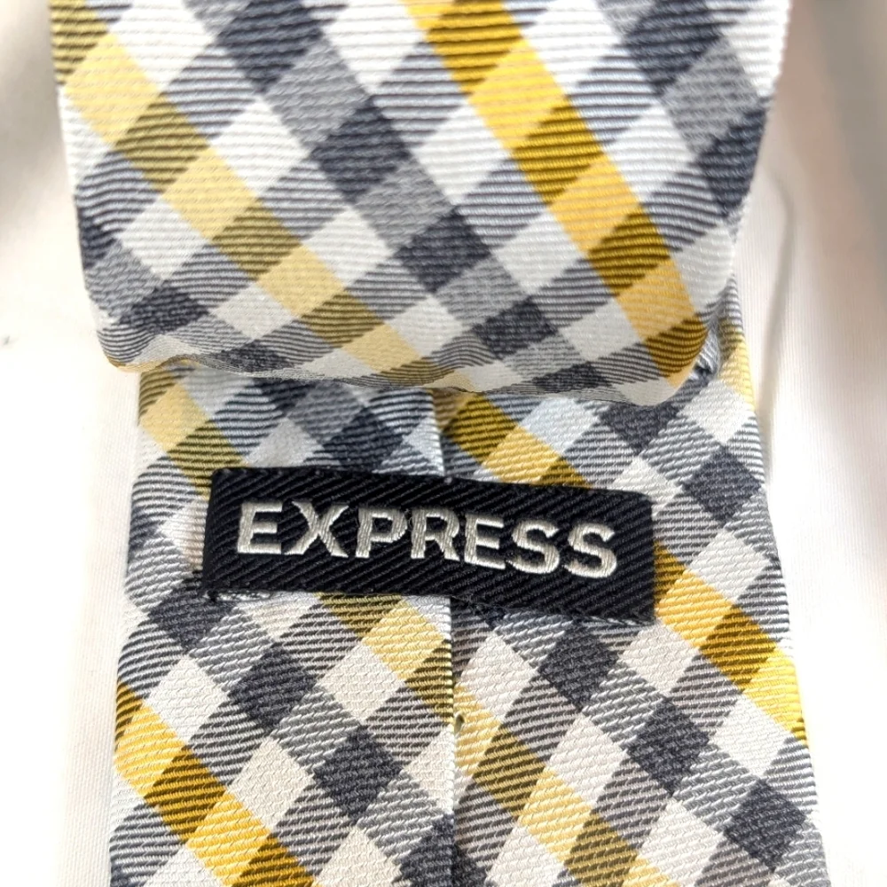 Express Men’s Skinny Plaid Tie Yellow Gray White Silk Blend